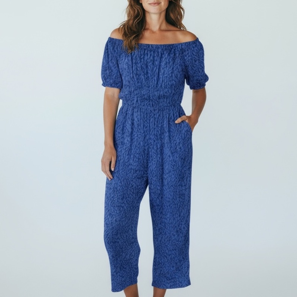 Sincerely Jules Blue Off Shoulder Smocked Puff Sleeve Jumpsuit Boho Chic Resort‎